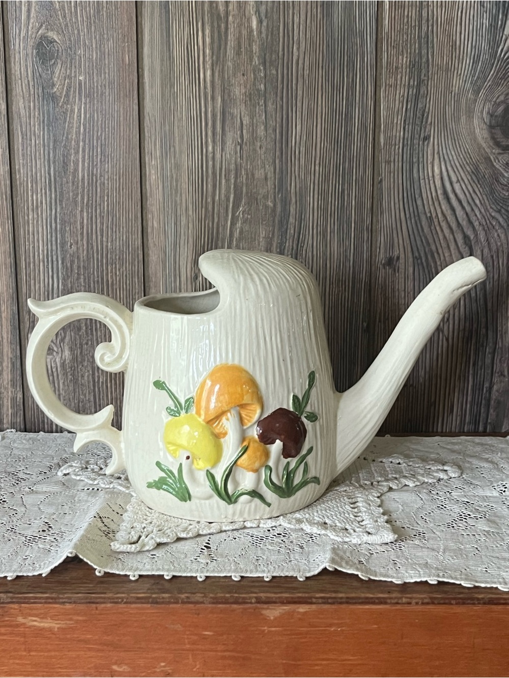 Cream Ceramic Watering Can Planter with Yellow & Brown Mushroom Motif